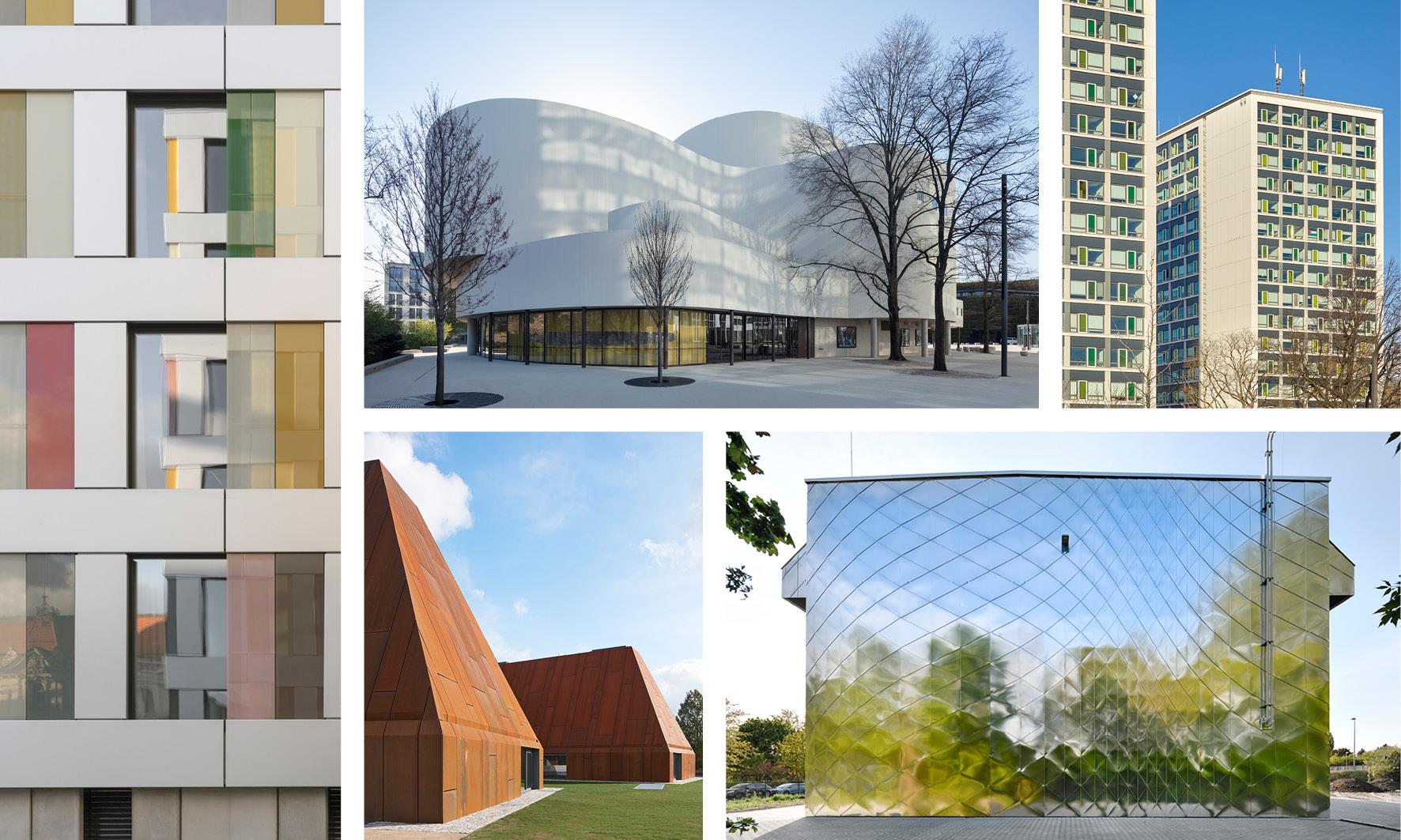 Nominiert für den Deutschen Fassadenpreis 2022 für VHF waren: (v.l.o.n.r.u.) Luisenblock Berlin, Sauerbruch Hutton (©Jan Bitter); Düsseldorfer Schauspielhaus, Christoph Ingenhoven/ingenhoven architects (©Hans Georg Esch); Hochhäuser Gret-Palucca-Straße 9 und 11 in Dresden, S&P Sahlmann Planungsgesellschaft für Bauwesen mbH (©Lothar Sprenger); Neubau Landesmuseum für Volkskunde Molfsee – Jahr100Haus, ppp architekten + stadtplaner (©Stephan Baumann); Die Fassade als Kunstwerk. Errichtung einer BHKW-Anlage in Leipzig-Möckern, thoma architekten (©Ralf Dieter Bischoff), Foto: FVHF e.V