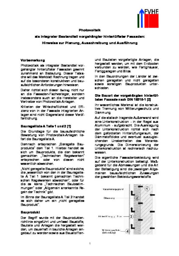 FVHF-Merkblatt für die Ausführung von Photovoltaik in VHF