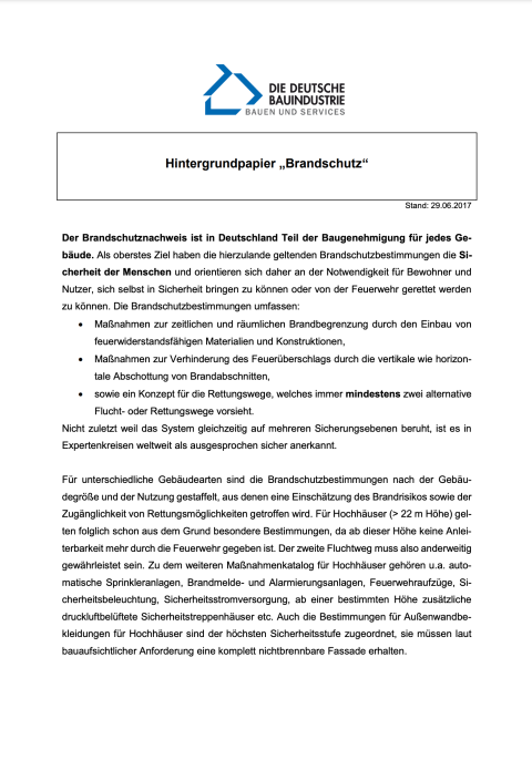 Hintergrundpapier „Brandschutz“ des Hauptverbandes der Deutschen Bauindustrie