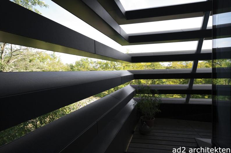 Ein für die eigentliche transparente Klimafassade vorgesetzter Reinigungssteg aus einer lamellenartigen Holzkonstruktion mit Sichtflächen von Swisspearl wirkt lärmabhaltend. Foto: ad2 Architekten ZT KG